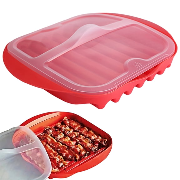 Yhuaoa Microwave Bacon Tray with Splatter Lid, Microwave Bacon Cooker Maker, Microwavable Bacons Grill, Quick and with No Mess, Make Crispy Bacons in few Minutes,Grooved Cooking Tray