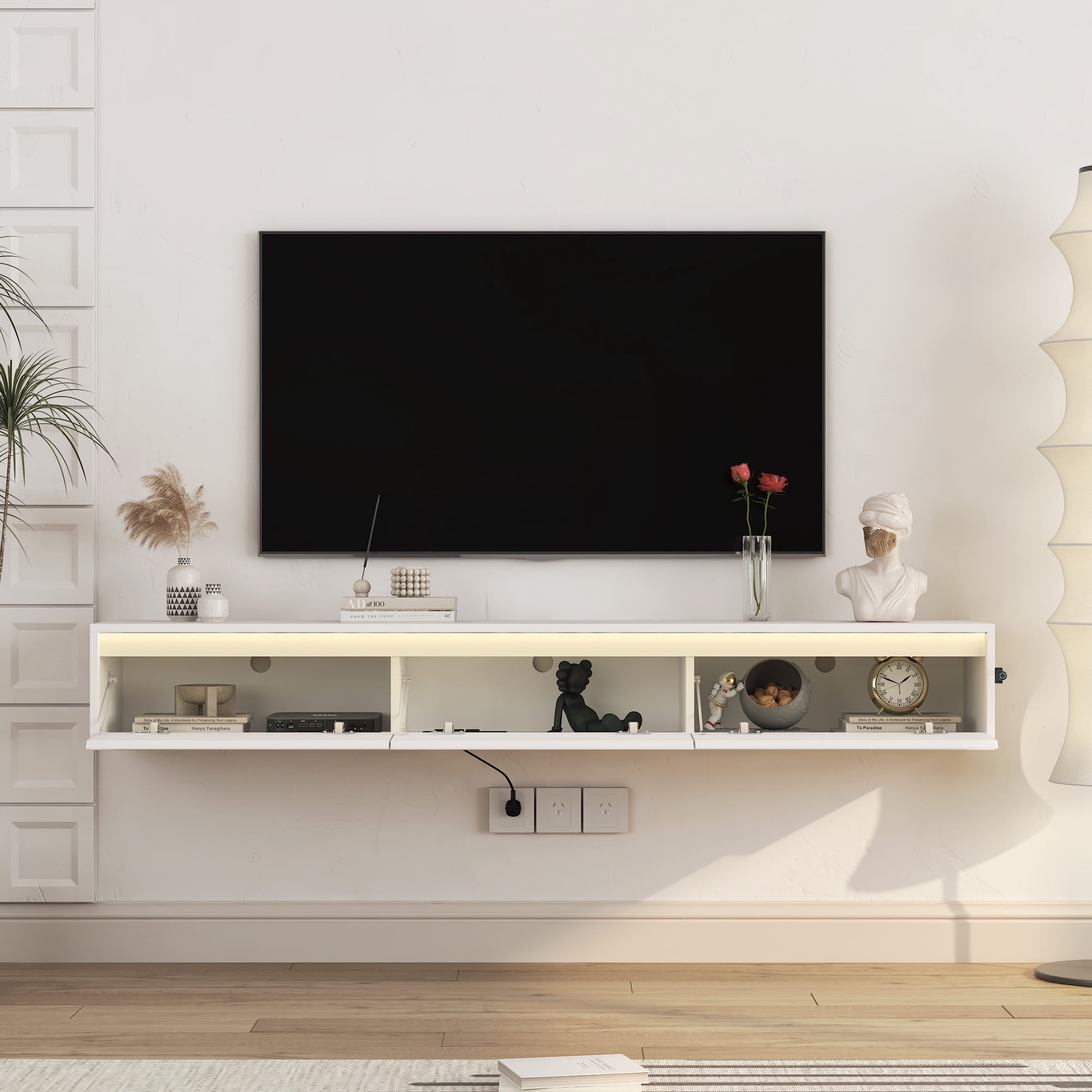 Aukfa Floating TV Stand for TVs up to 65" 70",Wall Mounted TV Shelf High Gloss TV Cabinet,White