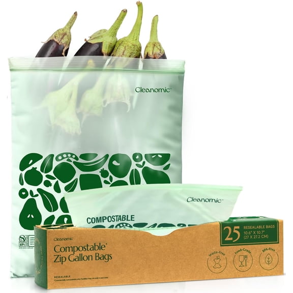 Cleanomic Compostable Gallon Size Sandwich Food Storage Bags with Zip Closure, Freezer Safe, BPA Free, 25 Count