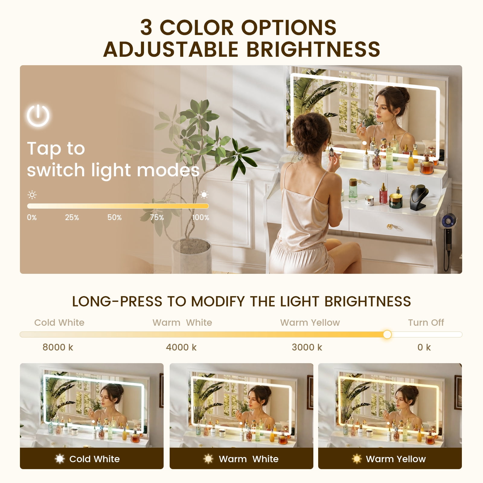 CLOUDREST PRO White Vanity Desk Set with Mirror, Makeup Vanity with LED Lights & 3 Color Modes, Adjustable Brightness, Built-in Power Strip, 5 Drawers, Dressing Table for Women Girls