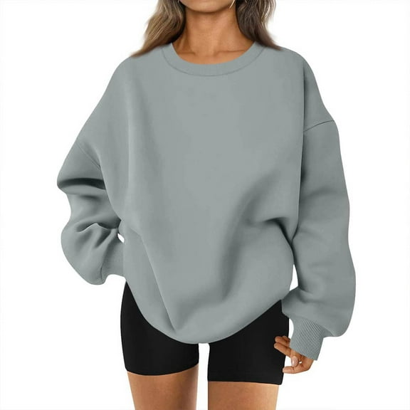 Oversized Crew Neck Sweatshirts Women Loose Fit Ladies Fleece Crewneck Sweatshirt No Hood Trendy Fall Tops Light Gray S