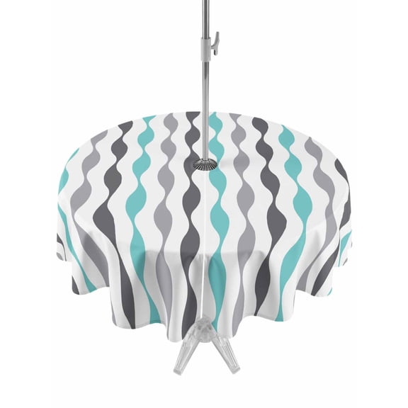 Outdoor Tablecloth with Umbrella Hole and Zipper, Abstract Teal Gray White Wavy Lines Round Waterproof Table Cover 60in Washable Table Cloth for Patio Picnic Party Modern Morocco Stripes