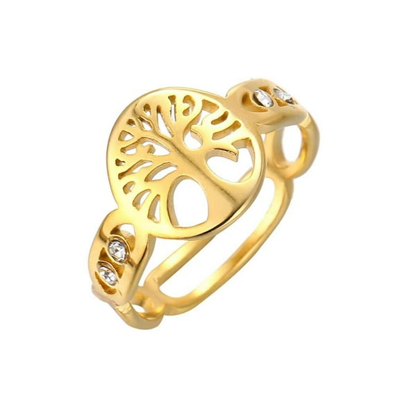 PAMTIER Stainless Steel Classic Cubic Zirconia Hollow Round Tree of Life Ring for Women Gold Size 6