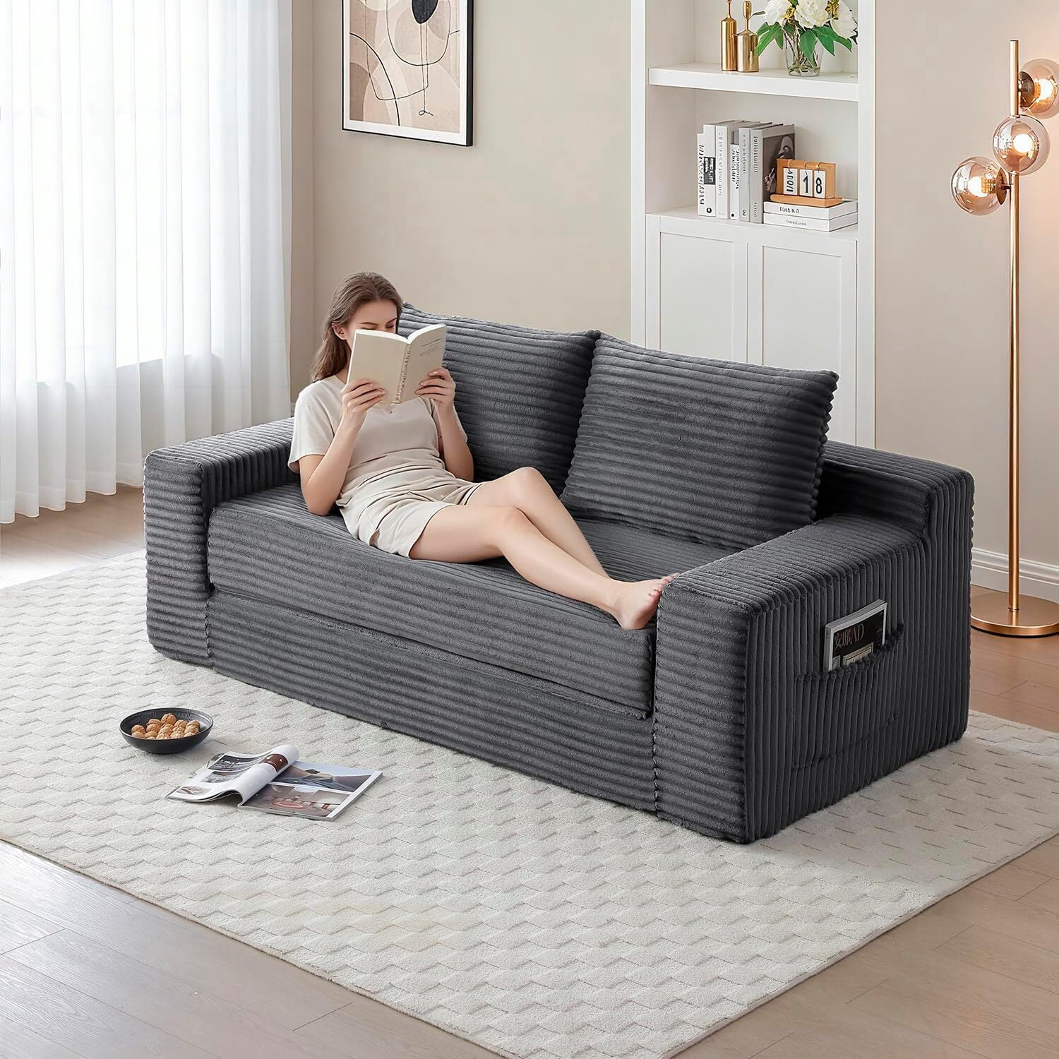 Howcool 73" Boneless Loveseat Sleeper Sofa,2 in 1 Pull Out Convertible Corduroy Floor Couch with Side Storage Pockets & 2 Throw Pillows,Foldable Guest Couch for Living Room,No Assembly Required,Grey