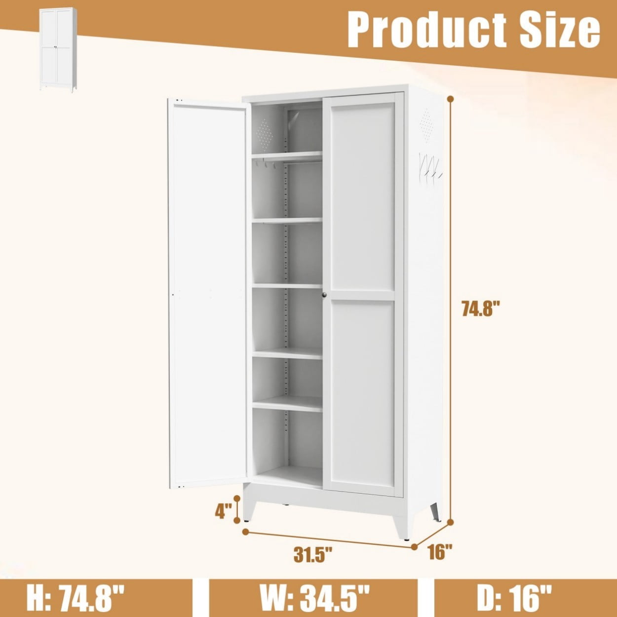75" Metal Kitchen Pantry Cabinet with Doors, Heavy Duty Freestanding Storage Organizer, 5 Adjustable Shelves, 180 LBS Capacity Steel Cabinet for Kitchen Dining Room Pantry, White