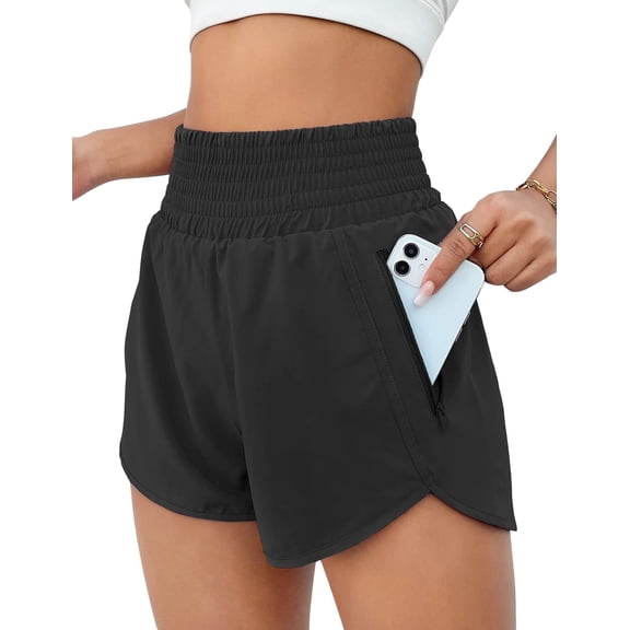 MLDRA Womens Running Shorts High Waisted Athletic Shorts Built-in Liner Black Gym Workout Shorts with Zipper Pocket