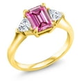 thumbnail image 3 of Gem Stone King 18K Yellow Gold Plated Silver Pink and White Moissanite Ring | 2.07 Cttw | 3 Stone Wedding Engagement Anniversary Promise Ring for Women | Emerald Cut 8X6MM | Trillion 3.5MM (Size 9), 3 of 5