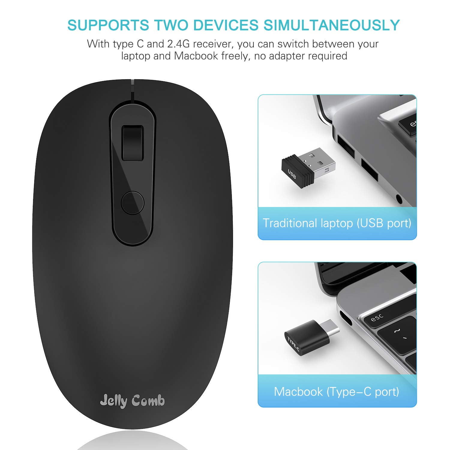 USB C Wireless Mouse, Jelly Comb 2.4G Wireless Mouse Type C Computer Mice with Nano USB Type C Compatible with Notebook, Computer, MacBook and All Type C Device-Black -