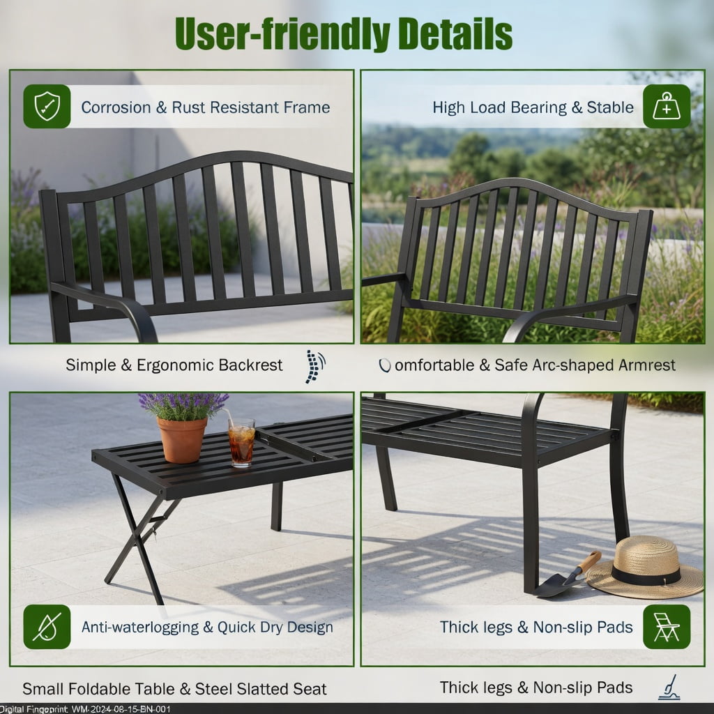 Hommoo Outdoor Steel Patio Bench with Foldable Center Table, Rust-Resistant Garden Seating for Backyard, Deck & Balcony, Black