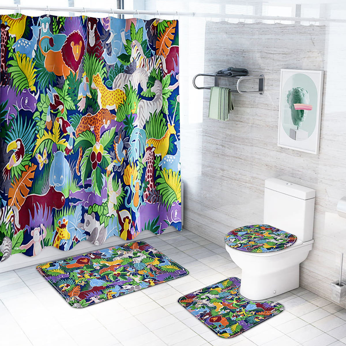 4PCS Shower Curtain Bath Mat  Lid Cover Bathroom Decoration Waterproof 180cm 1 