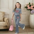 thumbnail image 2 of KKBOTIVE Girls Leopard Bow Print Outfit Fashion Short Sleeve Shirt and Flared Pants 2Pc Set for Kids Back to School Daily Wear, Grey Size: 9-10 Years, 2 of 5