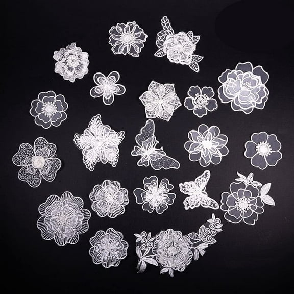 20 Pcs White Organze Embroidery Lace Flower Iron On Patches Appliques DIY Craft Lace for Decoration Sew On Patches for Repairing and Decorating Clothing Bags