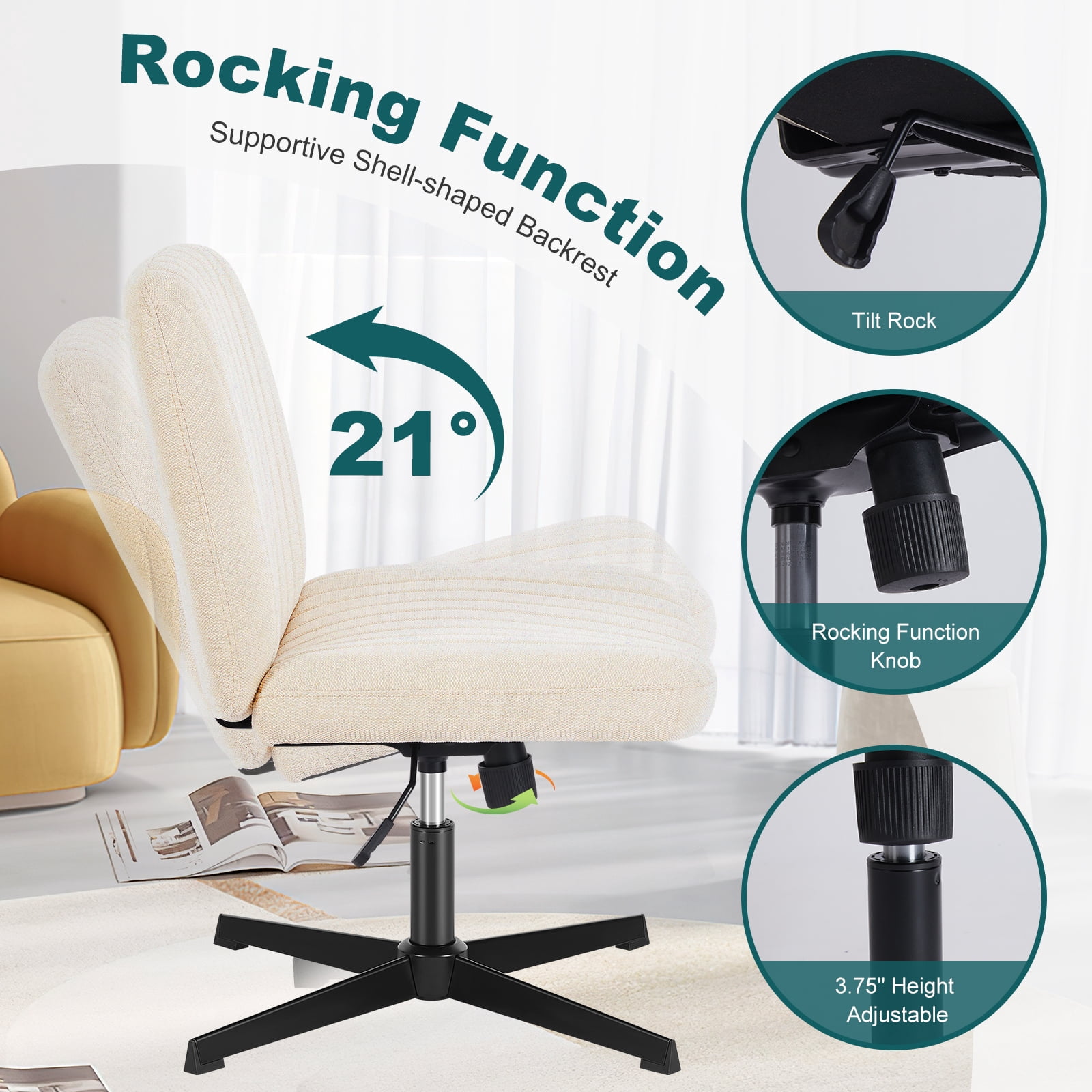 JIOABL Criss Cross Chair with Wheels,Wide Seat Ergonomic Desk Chair,U Shaped Backrest,Height Adjustable Armless Swivel Chair for Home Office,Vanity & Living Room,Linen Beige