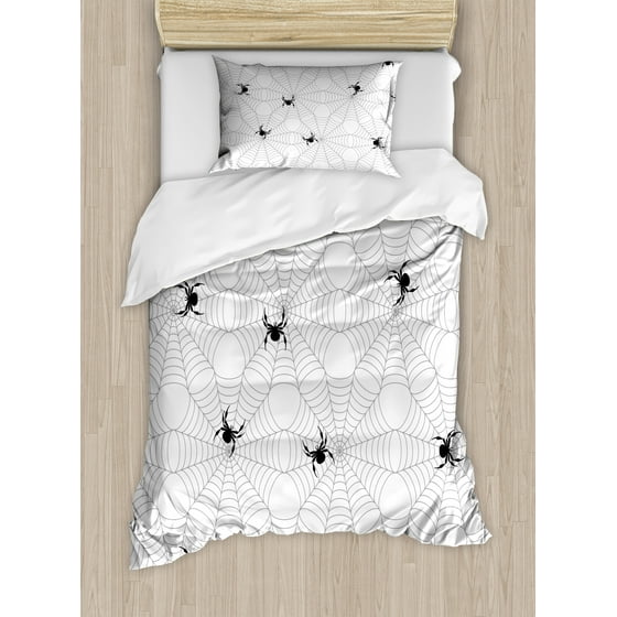 Spider Web Duvet Cover Set Pale Colored Webs With Spiders Scary Spider Web Duvet Cover Set Pale Colored Webs With Spiders Scary Black Insects Sticky Network Decorative Bedding Pillow Shams Grey