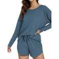 thumbnail image 2 of ValueVibe Womens Waffle Knit Pajama Sets Long Sleeve Tops and Shorts 2 Piece Outfit Lounge Sets with Pockets, Blue S, 2 of 6