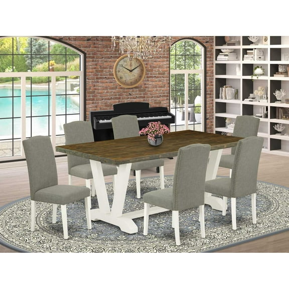 East West Furniture V077EN206-7 7-Piece Gorgeous Dining Set an Outstanding Distressed Jacobean Wood Dining Table Top and 6 Wonderful Linen Fabric Dining Chairs with Nail Heads and Stylish Chair Back,