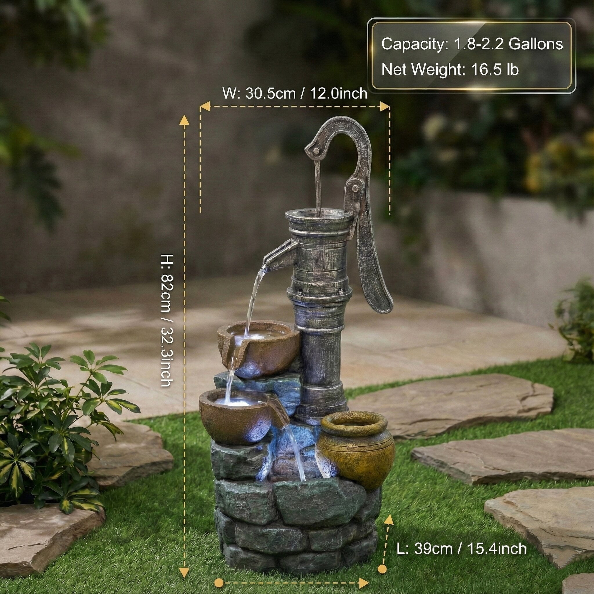 Morufur 32 Inch Outdoor Fountain with Vintage Pump, Garden Waterfall Fountain with LED Lights for Patio Lawn Backyard, Gray