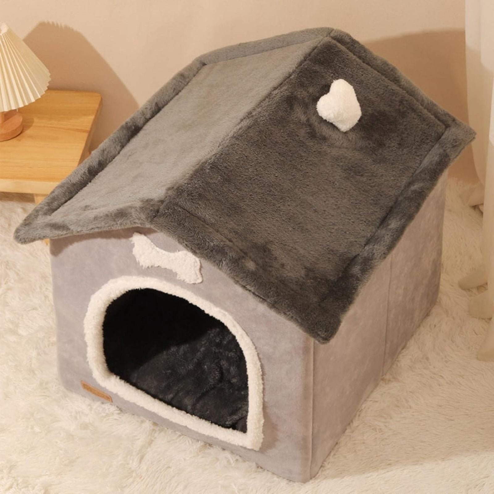 SQDWYGUO Foldable Dog House Kennel Bed | Enclosed Warm Plush Sleeping Nest Bed with Removable Cushion | Plush Pet House Dog Cat Kennel with Removable Cushion Suitable for Small and Medium-Sized Dogs