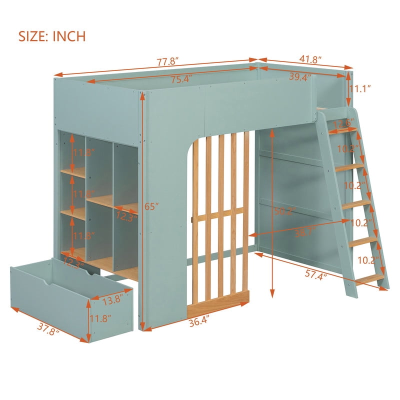 Twin Size Kids Loft Bed with Shelves, Wooden High Profile Teens Storage Bed Frame with Ladder and Removable Large Drawer