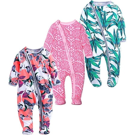 

QWZNDZGR Baby Girls Long Sleeve Footies Zipper Romper Flower Pajama Infant Bosyduit Jumpsuit