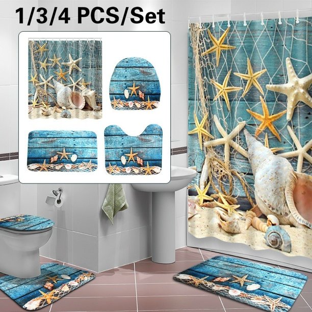1 3 4pcs Bathroom Set Summer Blue Conch Starfish Beach Style Print Mildew Proof Waterproof Shower Curtain Walmart Com Walmart Com