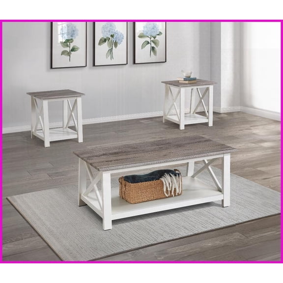 White Brown 3-Piece Modern Coffee Table Set: Rectangular Coffee & Square End Tables for Living Room, Easy to Assemble