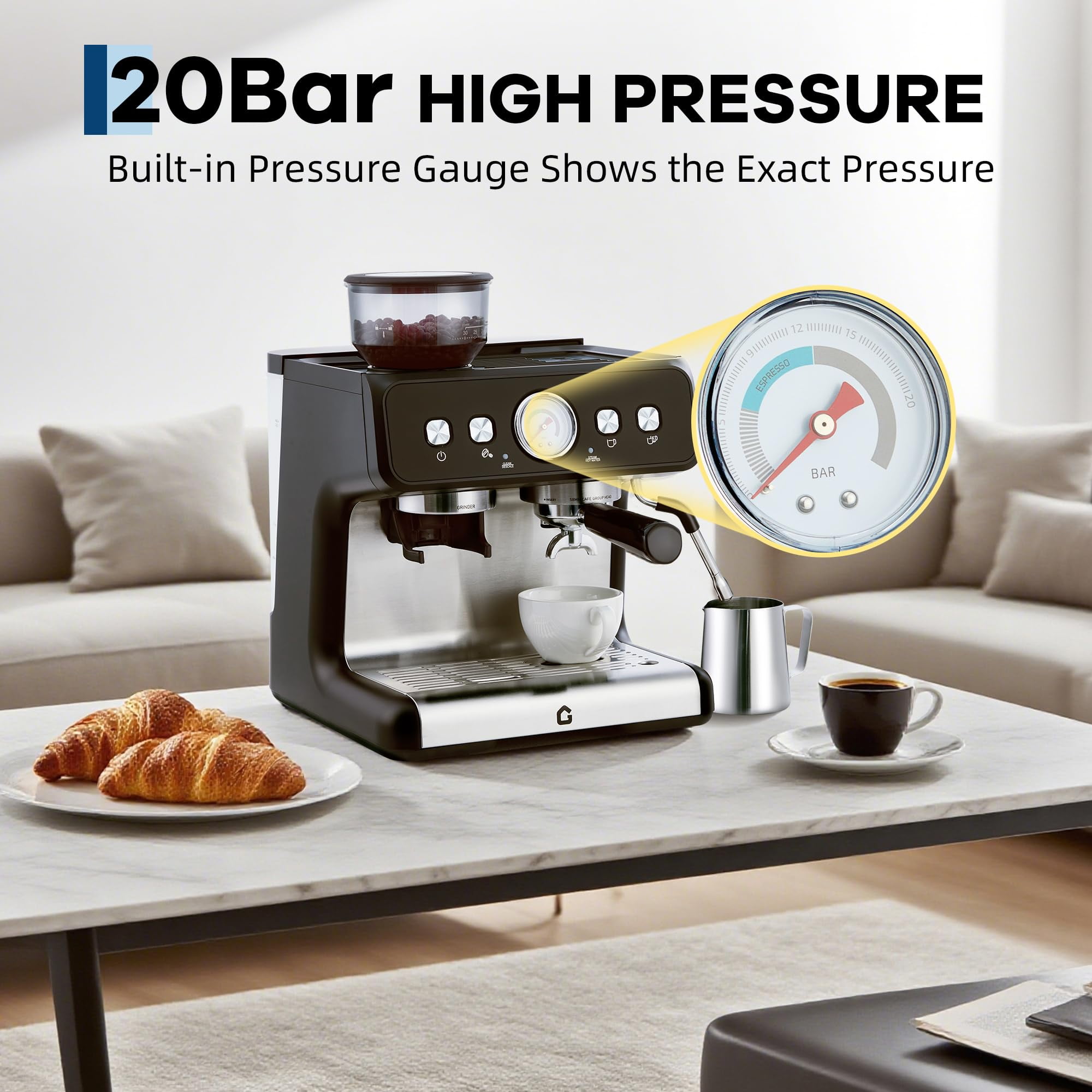 Juiluna 20 Bar Pressure Stainless Steel Espresso Machine with Grinder, 2.8L Removable Water Tank, Milk Frother Steam Wand for Latte/Cappuccino - Adjustable Shot Volume, Professional Home/Office Use