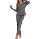 thumbnail image 2 of Pijamas INSPIRE CHIC para mujeres, conjunto de sudadera suave de waffle, de manga larga, con cuello en V, ropa de casa para otoño e invierno, color gris claro, 2 of 5