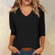 thumbnail image 2 of Camiseta básica de verano informal de color liso con cuello en V para mujer - Poliéster, manga 3/4, aberturas laterales - S-XXL, 2 of 5
