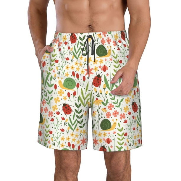 Fotbe Ladybug And Wild Flowers Trajes de Baño Estampados para Hombre, Shorts de Verano de Secado Rápido, Ropa de Playa, Bañadores-3X-Large