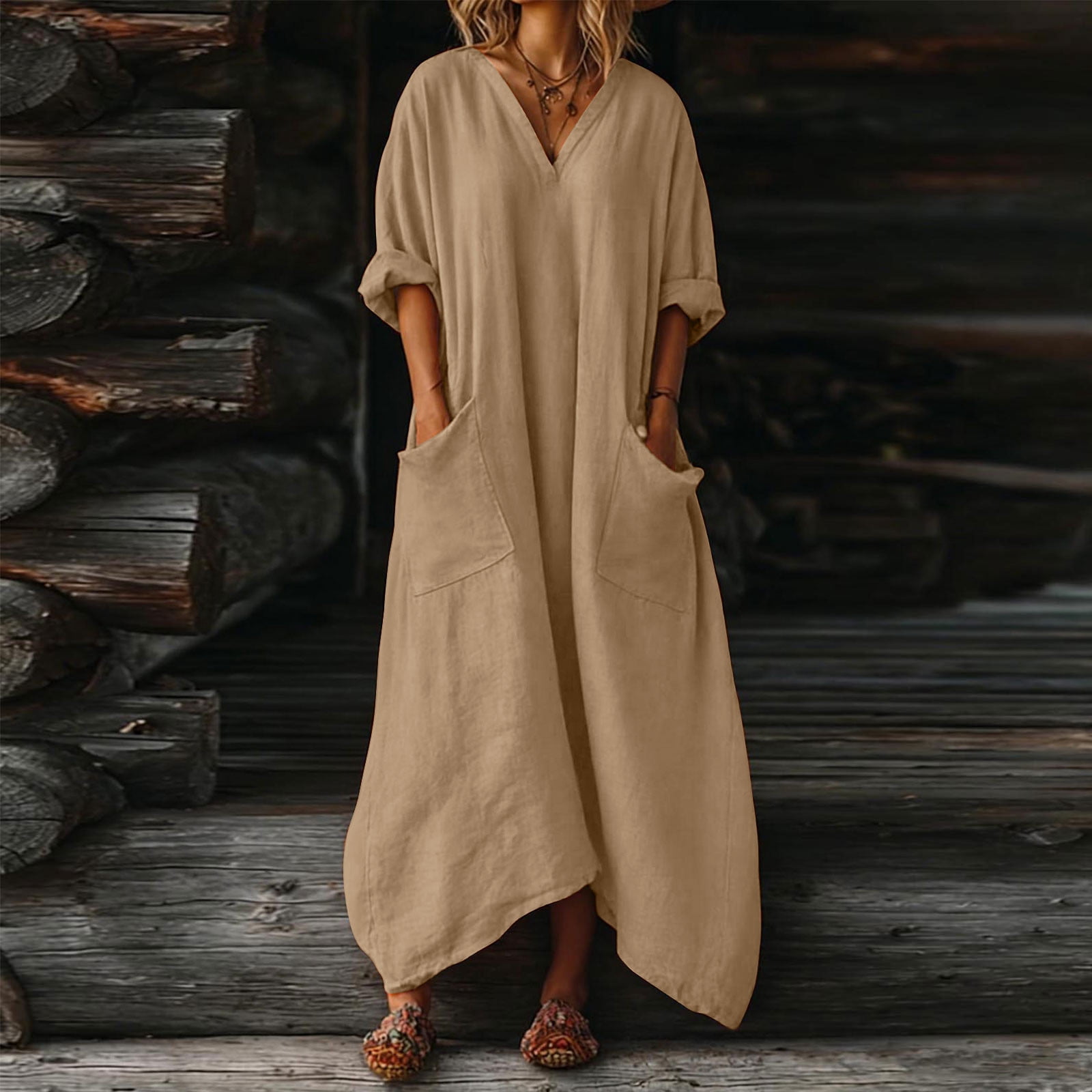 Dresses for Women, Womens Casual Loose Cotton Linen Long Shirt Dress, V-Neck Cuffed Sleeve Side Split Dresses with Pockets
