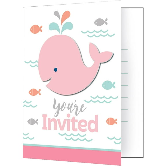 Lil Spout Pink Whale Animal Ocean Cute Baby Shower Party Invitations