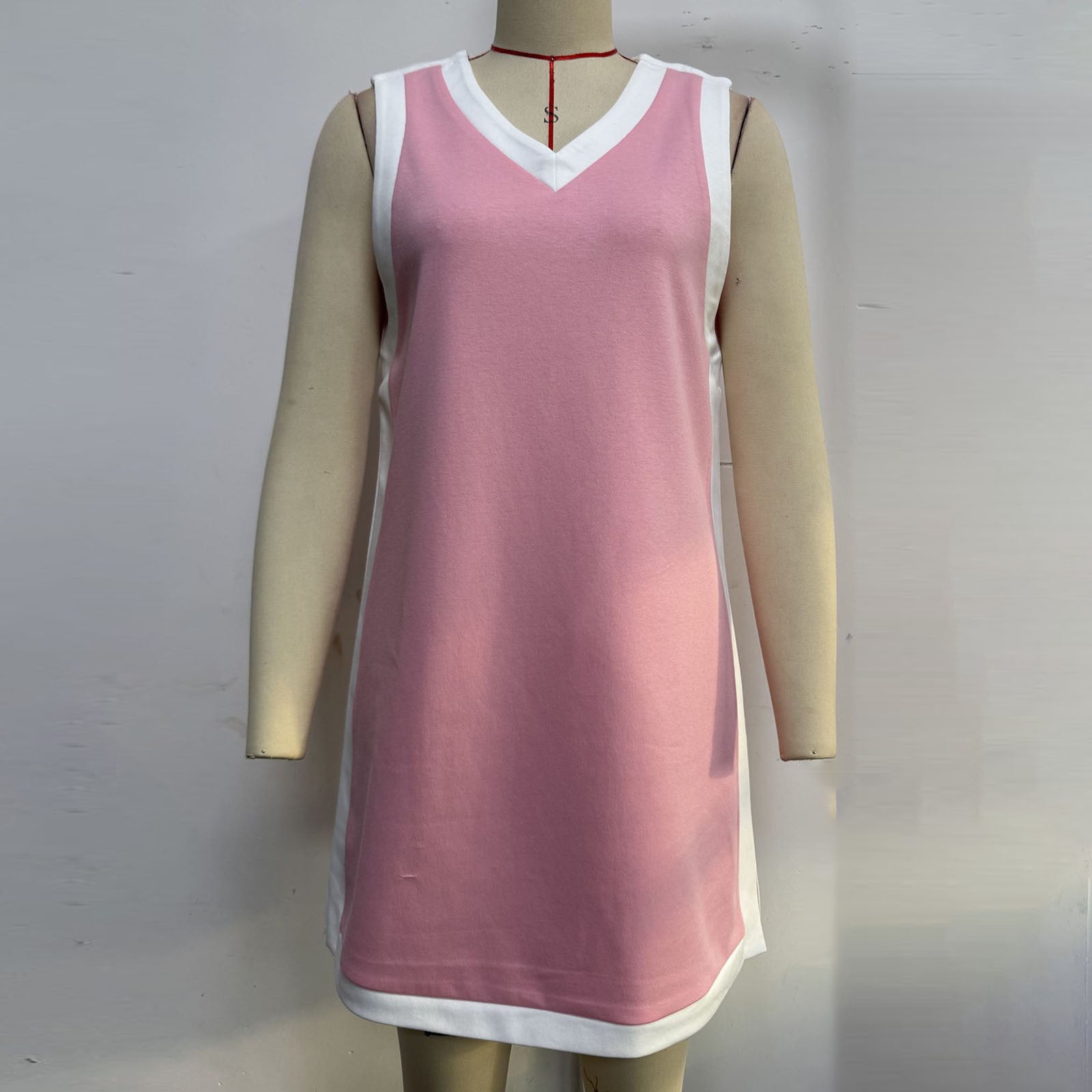 LNWUY Womens Summer Vacation Dresses Fashion Casual V Neck Sleeveless Contrast A-Line Beach Tshirt Athletic Mini Dress Pink M