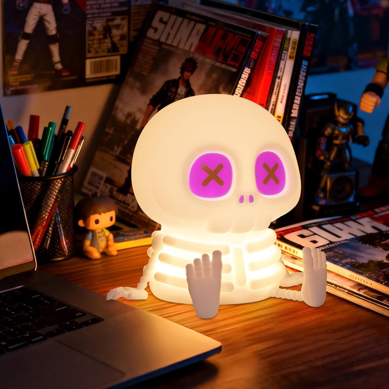 Ammonite Skeleton Night Light, Silicone Skull Lamp, 8 Colors & 2-Level Adjustable Warm Light, Touch Control LED Bedside Lamp for Home, Gaming Room, Halloween Decor, Gift for Christmas Birthday
