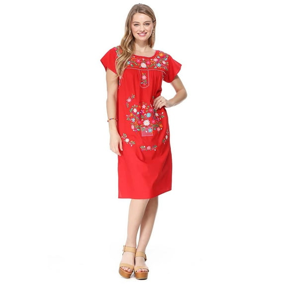 unik Embroidered Traditional Mexican Dress (Red, L)