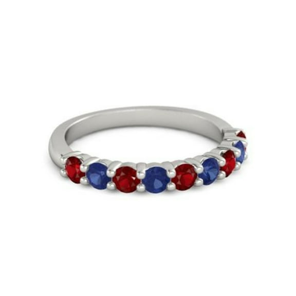 925 Sterling Silver Round 2.50 MM Ruby Blue Sapphire Half Eternity Women Ring Size US- 4