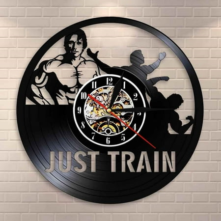 Amblelife Just Train Wall Art GYM Wall Clock Muscle Man Weighting Vinyl Record Wall Clock Fitness Center Decorative Clock