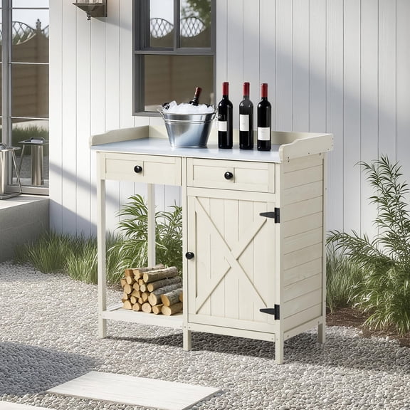 Outdoor Potting Bench with Storage and Metal Tabletop, Garden Workbench, Patio Wooden Planting Workstation with Drawers