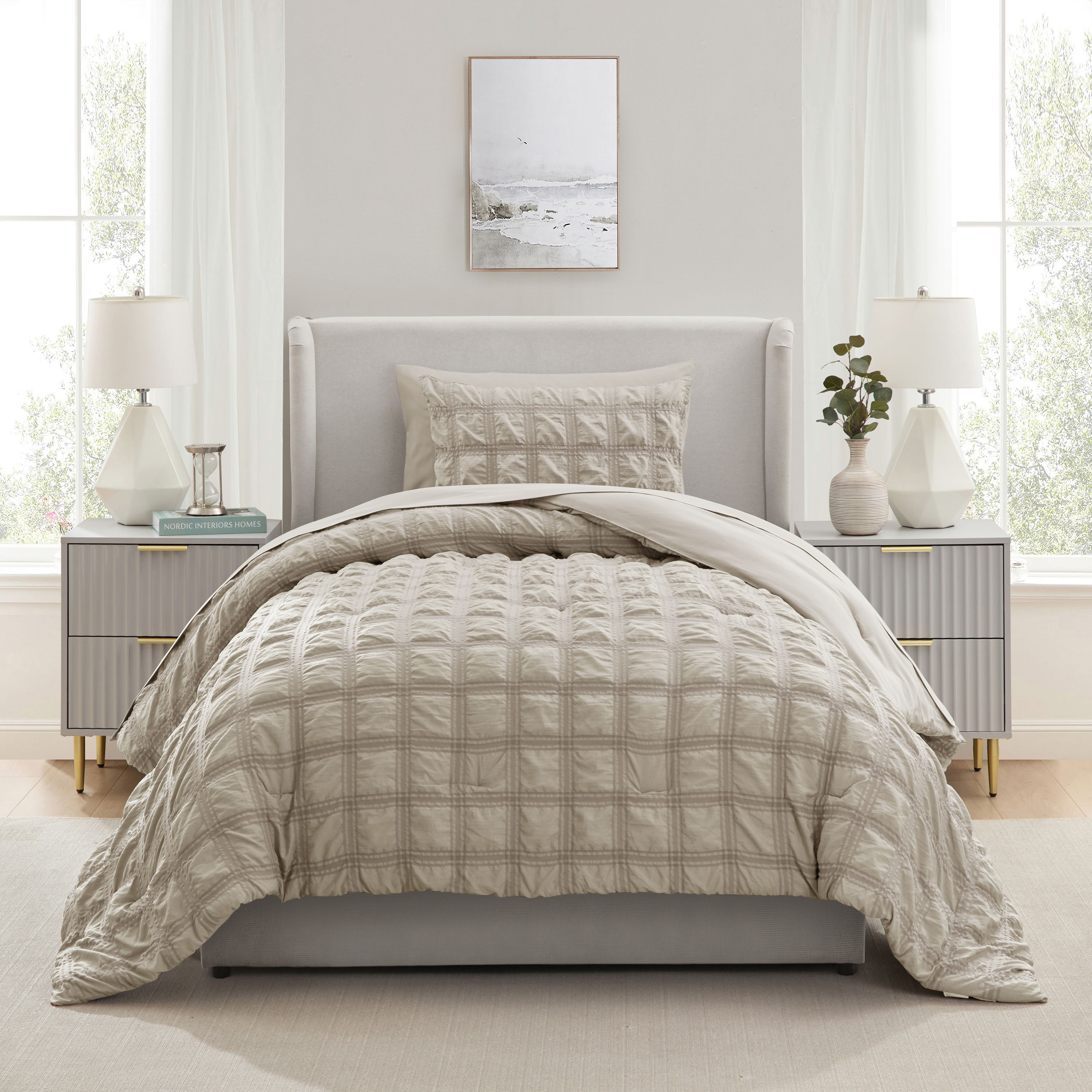 LammaLoe Twin Comforter Sets, 7 Piece Seersucker Bed in a Bag, Bedding Comforter Set with Sheets, Modern Bed Set, Oatmeal