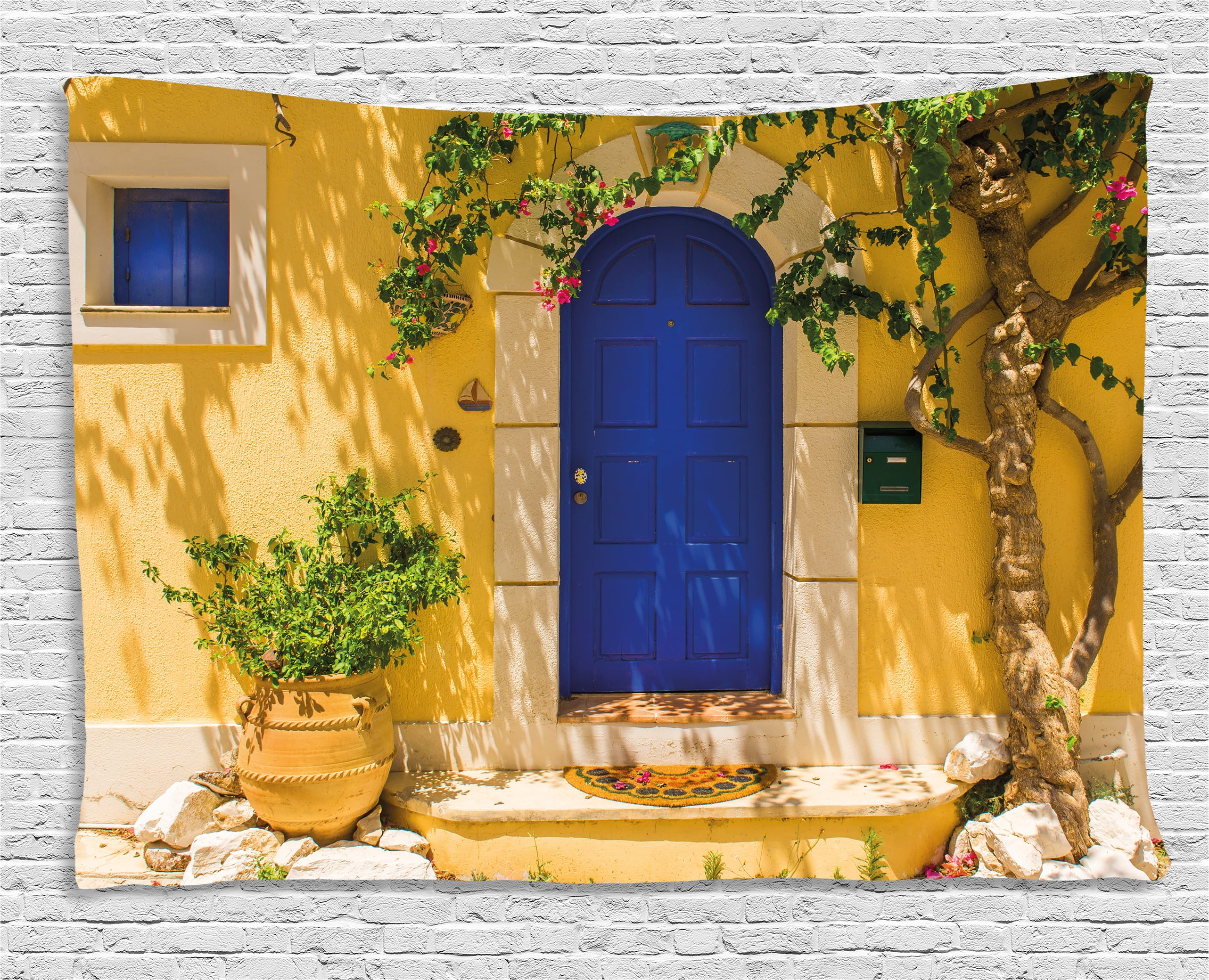 Yellow and Blue Tapestry, Traditional Greek House Door with Flowers and