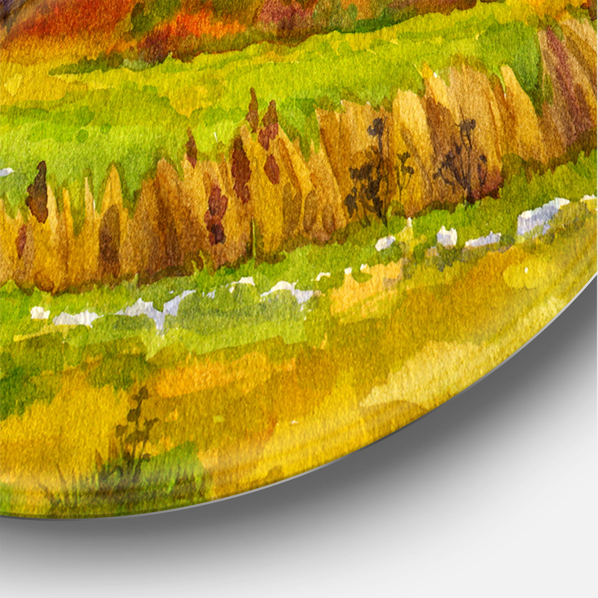 Designart 'Orange Fields With Haystacks I' Lake House Circle Metal Wall Art 36x36 - Disc of 36