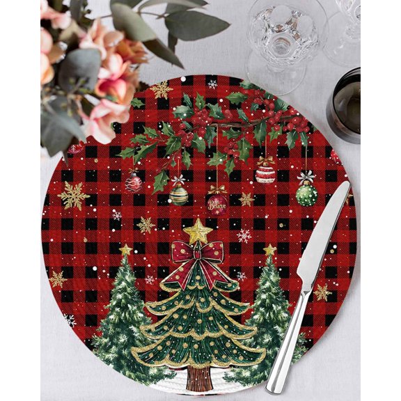 13 Inch Round Placemats Set of 6, Christmas Tree Non Slip Heat Insulation PP Table Mats, Winter Xmas Ball Snowy Red Black Plaid Washable Place Mats for Kitchen Dining Party Table Decor