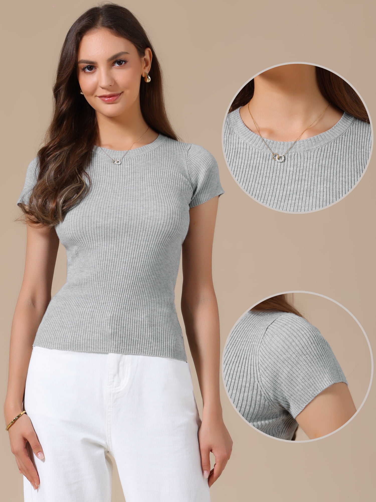 DARING DIVA Women's Short Sleeve Tops Summer Crewneck T-Shirt Ribbed Knit S Light Gray