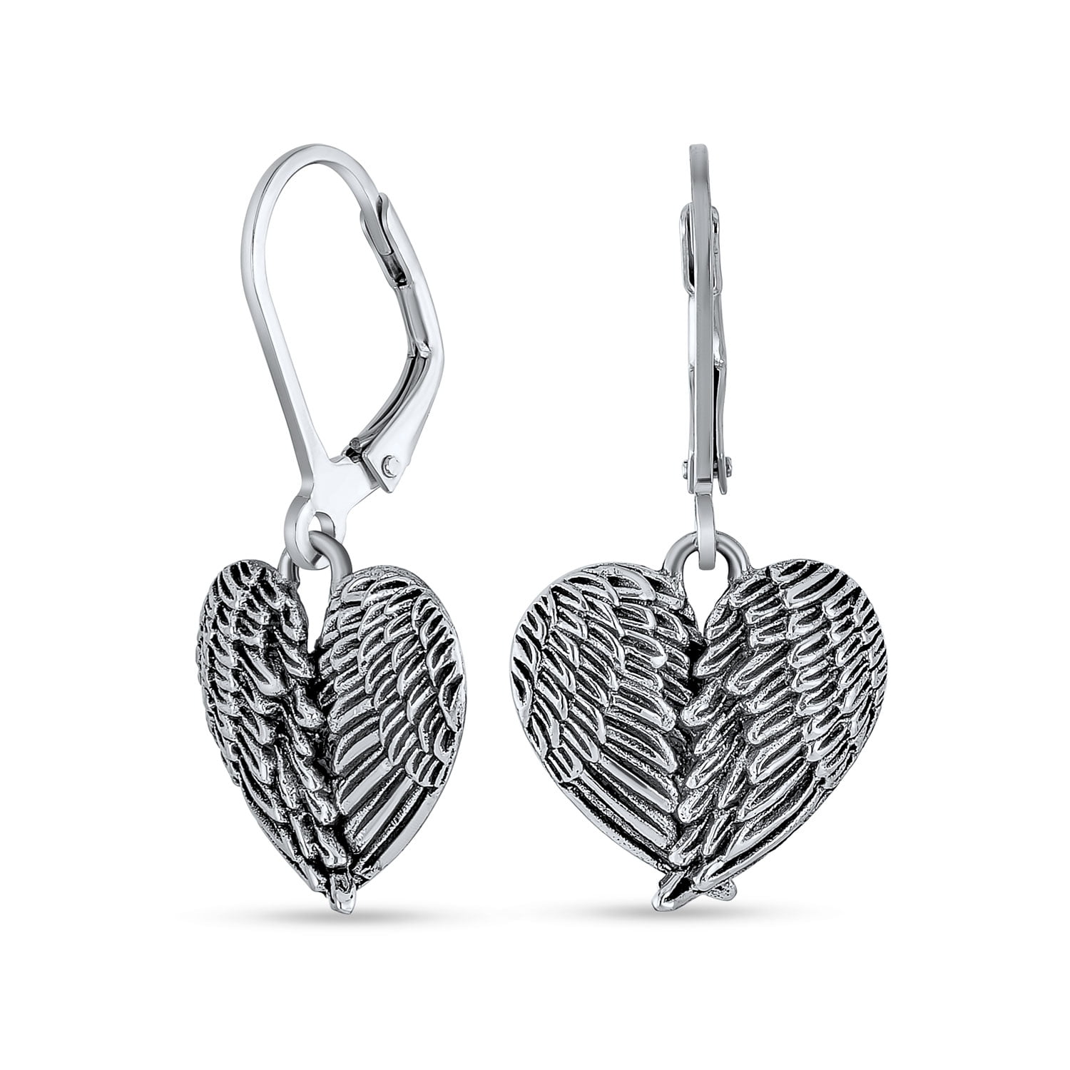 Silver Angel Heart Pendant Drop Hook Earrings