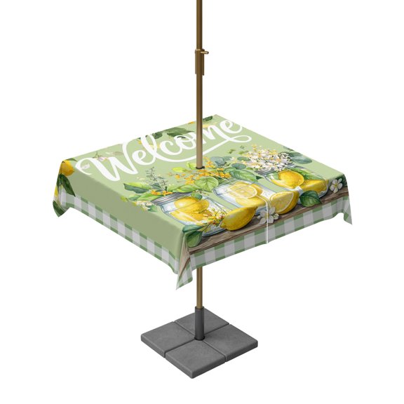 Square Outdoor Tablecloth with Umbrella Hole Summer Lemon Outside Table Cloth Waterproof Patio Table Cover Sage Green Plaid Fruits Floral Botanical Zipper Tablecloths for Picnic Camping 54x54 Inch