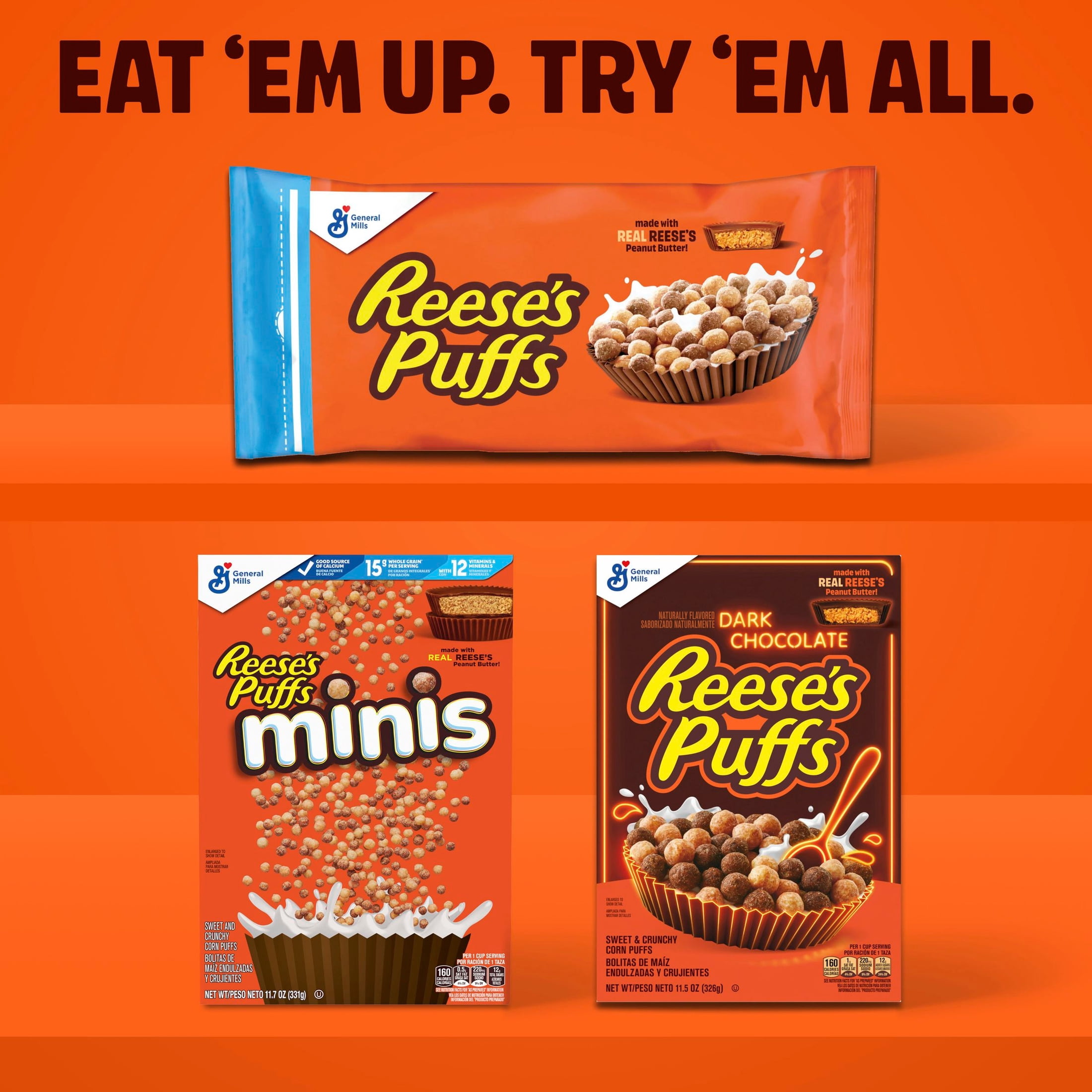 (3 pack) REESE'S PUFFS Breakfast Cereal, Chocolatey Peanut Butter Cereal, Family Size, 19.7 oz