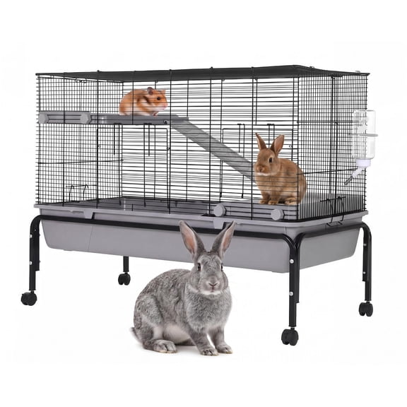 Small Animal Cage, 40"L Bunny Hutch with Detachable Stand, Ramp & Extra Platform, Removable Tray for Chinchilla, Rabbit, Guinea Pigs, Hedgehog, Gerbil