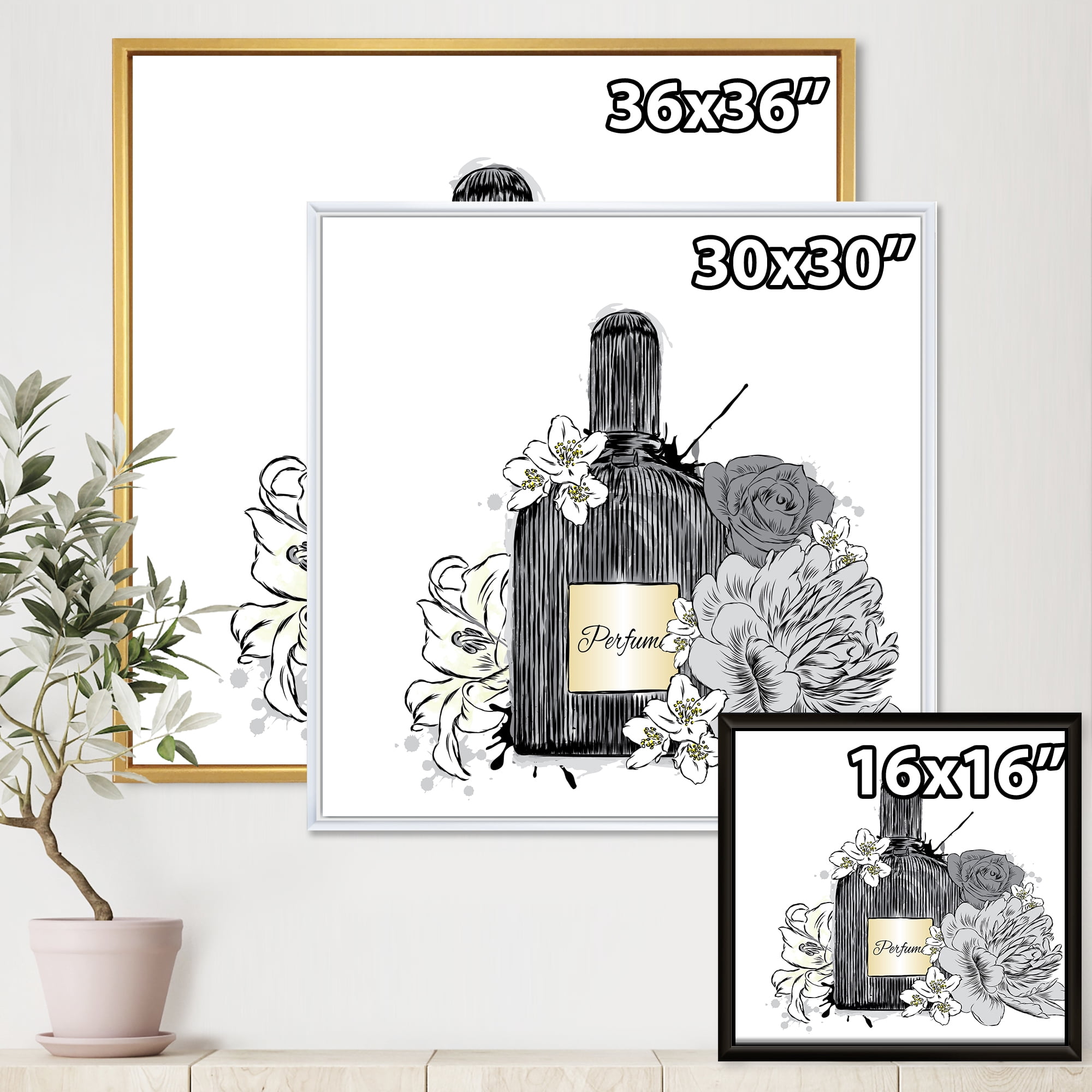 Bouquet of Flowers and Perfume Bottle III 16 in x 16 in Framed Painting Canvas Art Print, by Designart