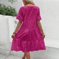 thumbnail image 2 of MORTTIC Women's Solid Color Round Neck Short Sleeve Dress with Hollow-out Splice Design Summer Midi Dress Rose Red，M, 2 of 3