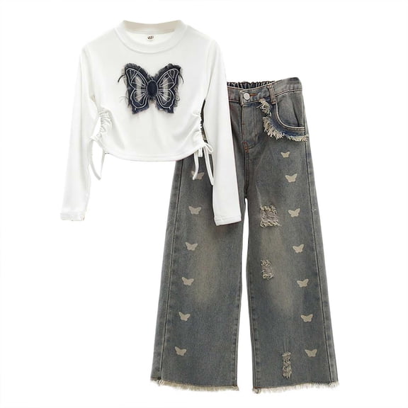 Zanarzt Outfits for Girls Girls' Fashion Butterfly Embroidered Top with Denim Pants 2 Piece Set White,6-7 Years